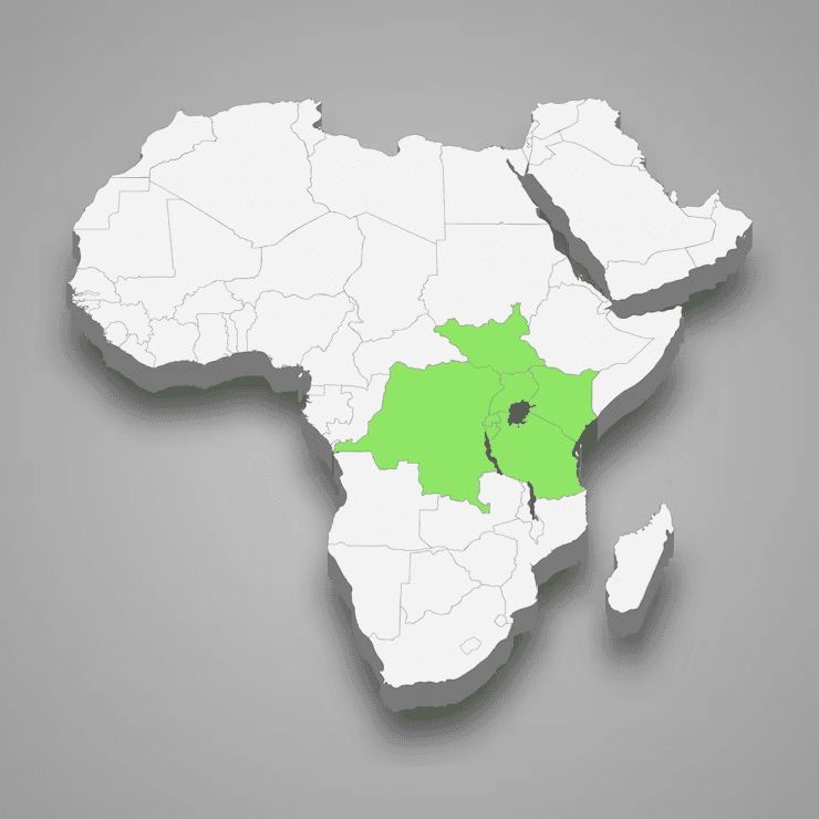 Relief map of Africa with East Africa highlighted in green